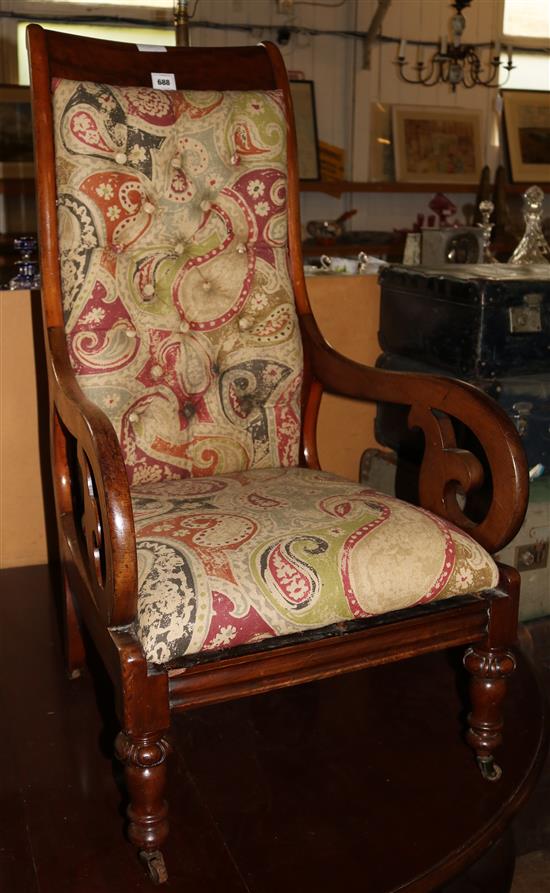 Victorian mahogany scroll armchair(-)